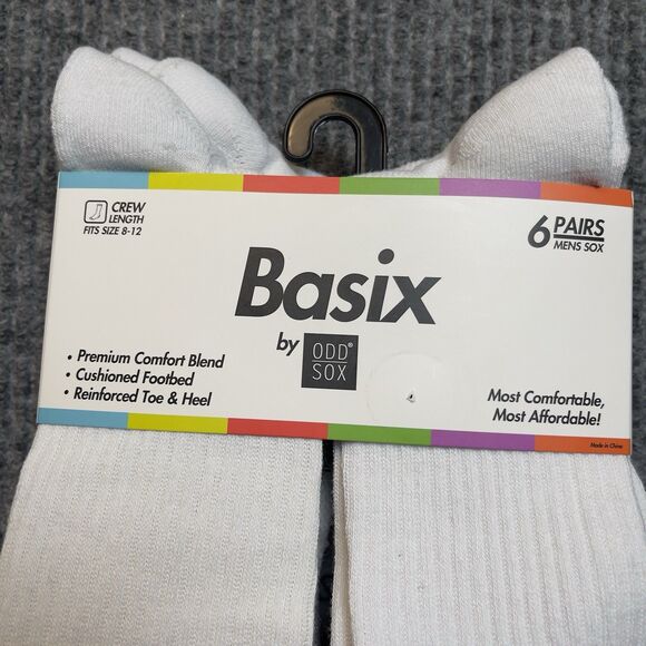 Basix by Odd Socks 6 Pairs Pack Socks - Men Size 8-12 (M) Crew White - NEW - Picture 3 of 5
